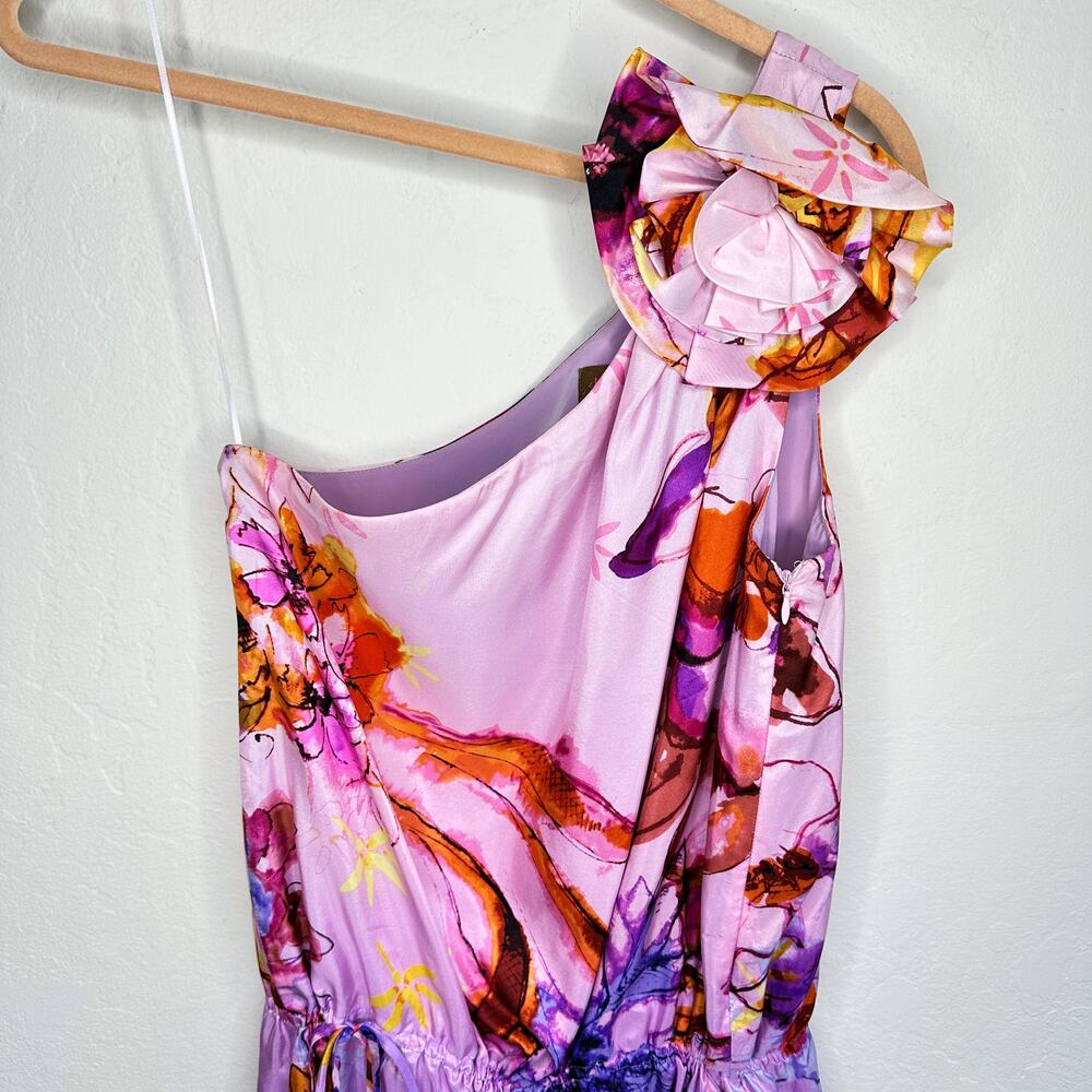 Ali Ro Silk Floral Watercolor One Shoulder Drawstring Drop Waist Mini Dress 8 - Picture 2 of 14